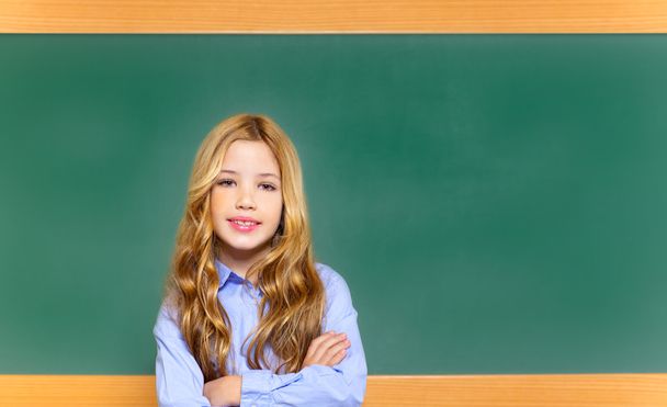 Kid student girl on green school blackboard - Φωτογραφία, εικόνα