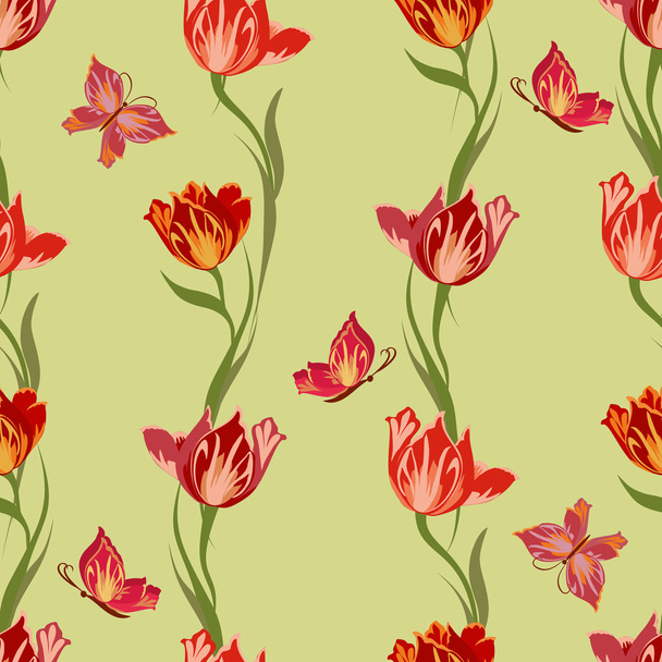 Seamless pattern with tulips and butterflies. - ベクター画像