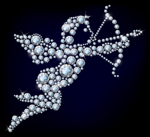 Diamond Cupid met pijl en boog boom. hart van edelstenen op zwarte background.vector. - Vector, afbeelding
