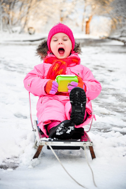 Kleines Mädchen auf Schlitten im Schneeanzug - Foto, Bild