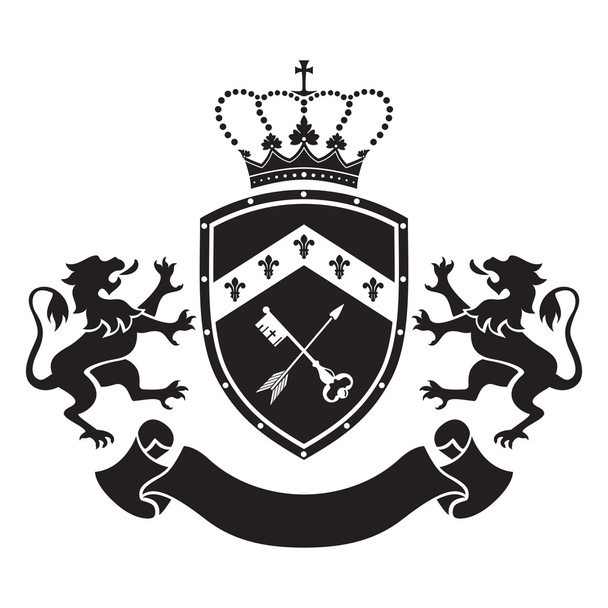 Brasão de armas escudo com coroa, chave e seta, dois em pé li
 - Vetor, Imagem
