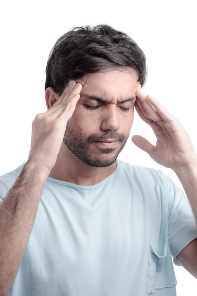 Dolor sinusal, presión sinusal, sinusitis. Triste hombre sosteniendo su cabeza
 - Foto, imagen