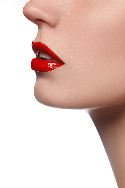 Professional lips make-up. Lipgloss and brush. Lipstick. Beauty girl applying lip gloss. Sexy lips. Beauty red lip makeup. Beautiful make-up closeup. Sensual open mouth. Lipstick and Lipgloss. Kiss. - Photo, Image