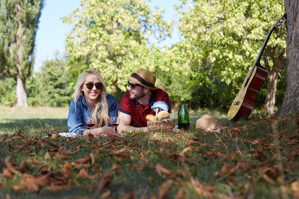 Beautiful Young Couple Having Picnic in Countryside. Happy Family - 写真・画像