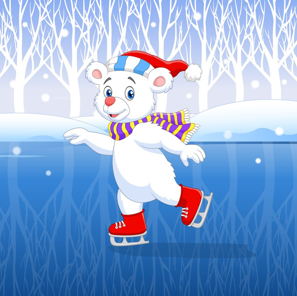 Lindo dibujo animado oso polar patinaje sobre hielo con fondo de invierno
 - Vector, Imagen