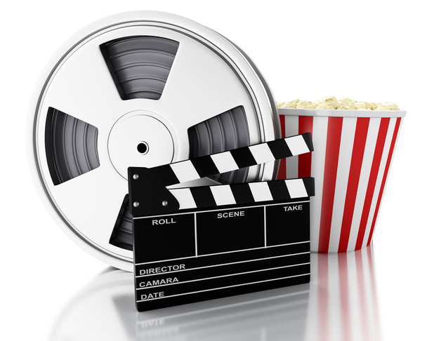 3D-Kino-Klöppel, Filmrolle und Popcorn. - Foto, Bild