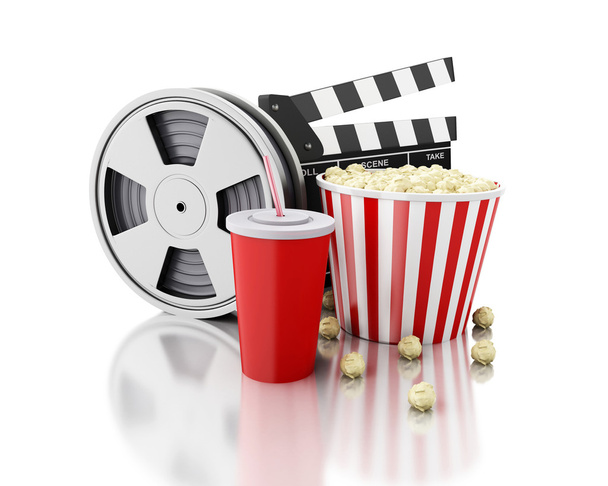 3d Cinema clapper, Film reel, popcorn and drink. - Fotoğraf, Görsel