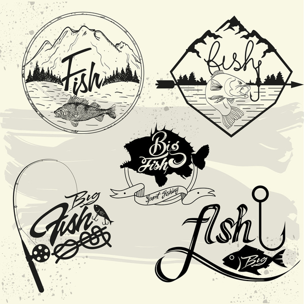 Vector set of fishing club labels, design elements, emblems, badges. Isolated logo illustration in vintage style. - Vector, Image