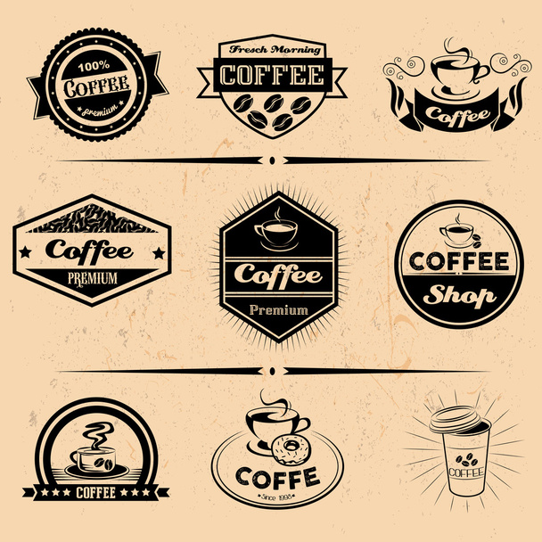 Vector set of coffee labels, design elements, emblems and badges. Isolated logo illustration in vintage style. - Вектор,изображение
