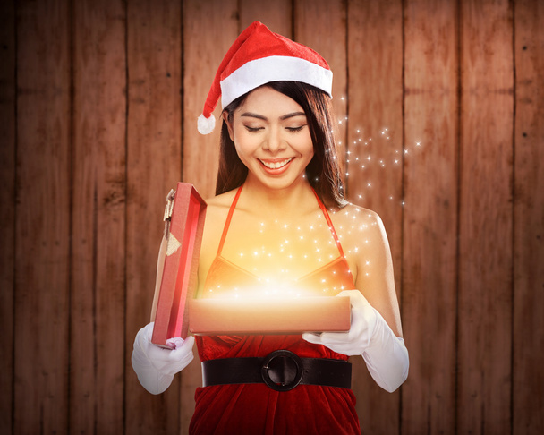 Santa Woman Opening Gift Box - Foto, Imagem