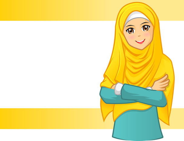 Muszlim nő visel a sárga fátyol a karokkal - Vektor, kép