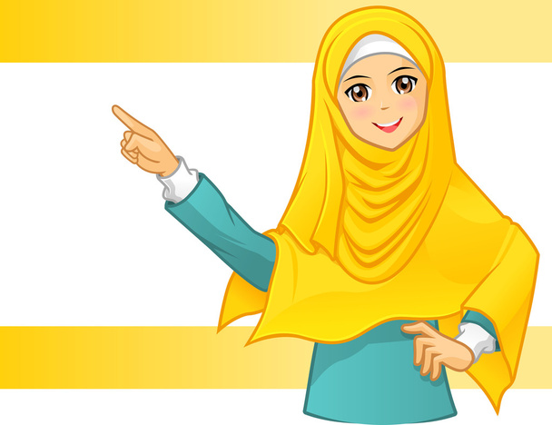 Muslim Woman Wearing Yellow Veil with Pointing Arms - Vector, Image