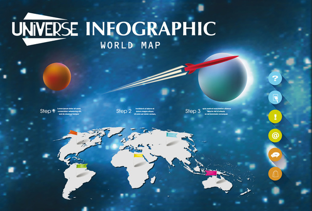 Universe background with infographic design elements and world map - Vetor, Imagem