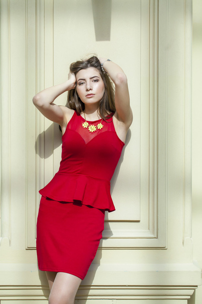 Sultry portrait of sexy brunette in a red dress - Foto, imagen