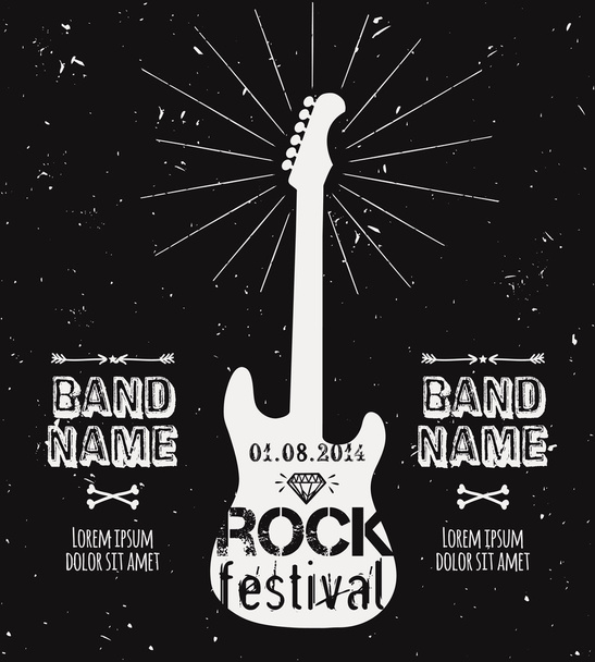 Vector vintage guitar label with sunburst, diamond and typography elements. Grunge rock and roll poster. Rock festival design template with place for text. - ベクター画像