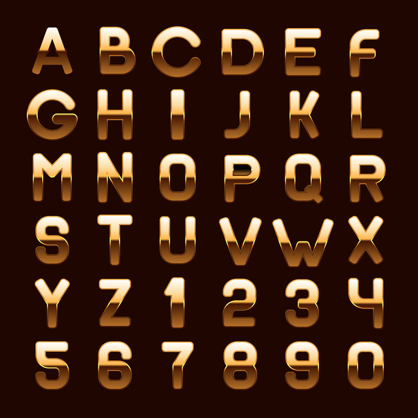 Golden Metallic Shiny ABC Letters and Numbers Isolated on Dark Background. Vector - Vektör, Görsel