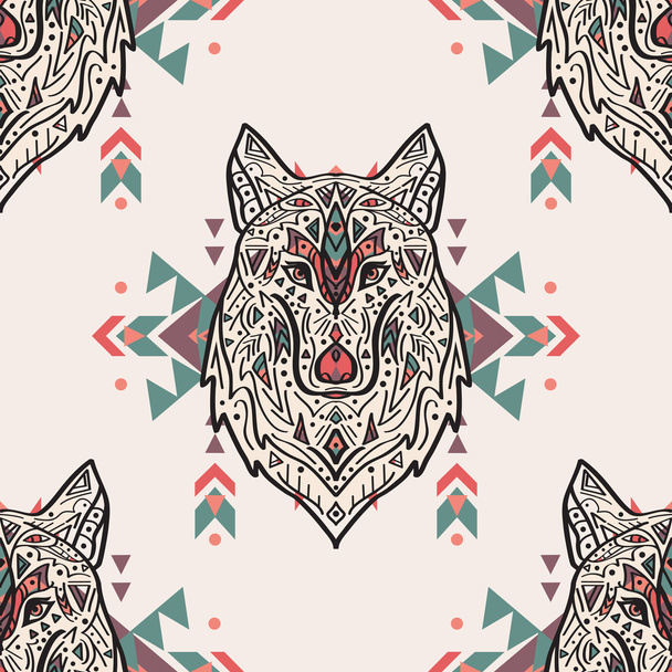 Vector grunge colorful seamless pattern with tribal style wolf with ethnic ornaments. American indian motifs. Boho design. - Вектор, зображення