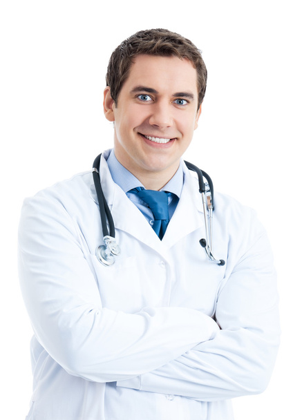 szczęśliwy uśmiechający się lekarz, na białym tle - Zdjęcie, obraz