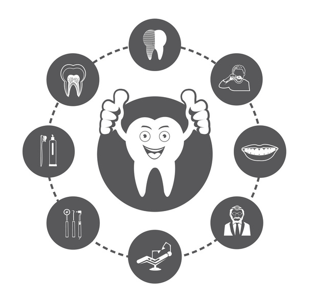 Diente sonriente de dibujos animados y conjunto de iconos dentales
 - Vector, Imagen