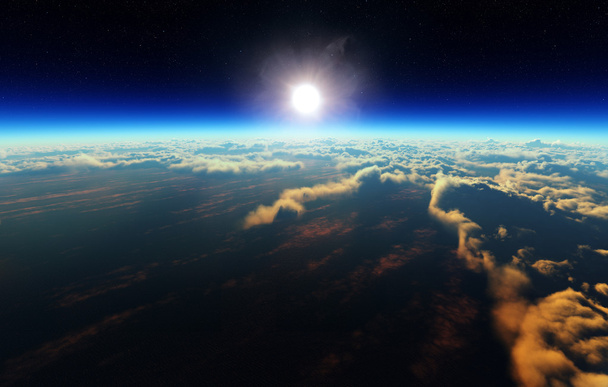 Nascer do sol da Terra do espaço exterior
 - Foto, Imagem