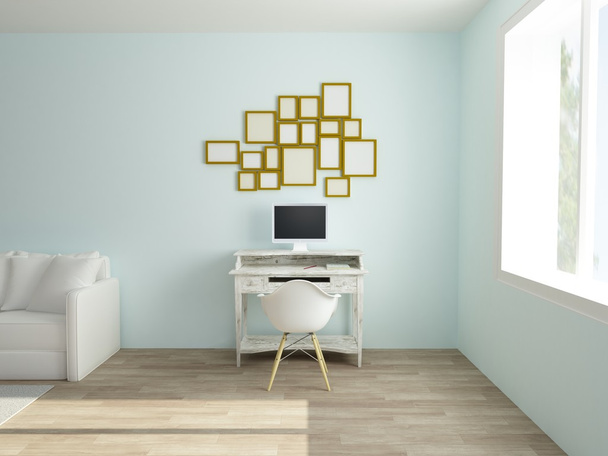 白と青の色でモダンな現代的なフラットで作業空間の居心地の良いインテリア - 写真・画像