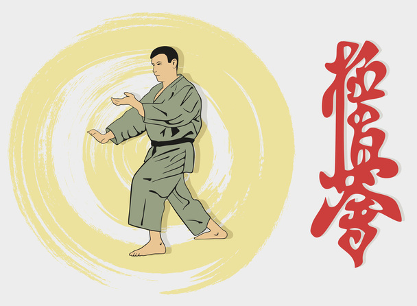 The man showing karate and a hieroglyph. - Vector, Image