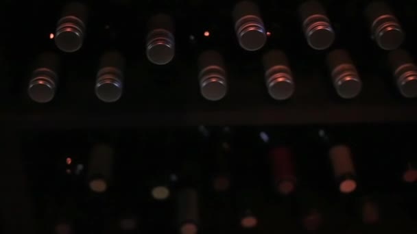 Flaschen Wein liegen flach auf Weinregal - Filmmaterial, Video