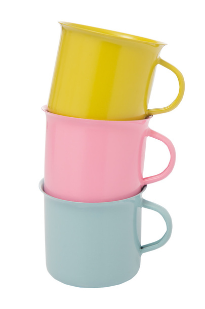 Three color of stacked mugs on white background isolated include - Photo, Image