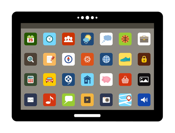 Tablet com ícones de aplicação coloridos
 - Vetor, Imagem
