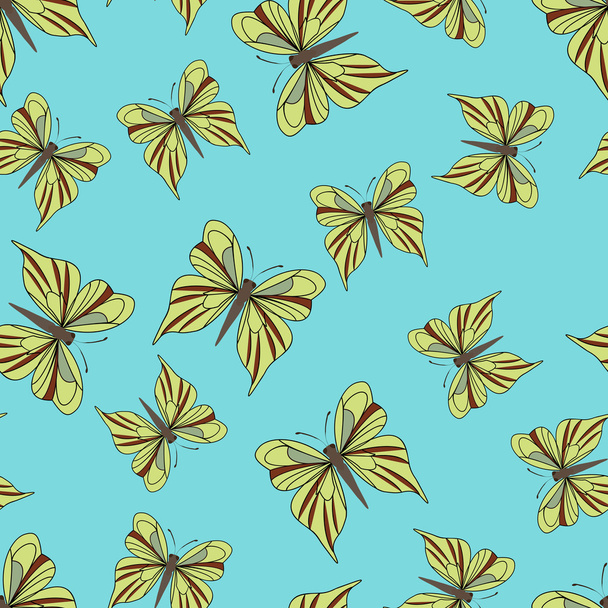 Seamless pattern with yellow butterflies on the blue background. Vintage texture. Summer backdrop. Vector illustration. - Διάνυσμα, εικόνα