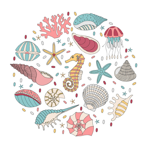 Vector set of seashells, starfish and seahorses - Vector, Image