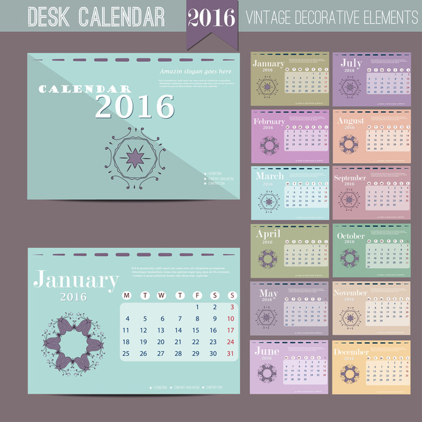 Desk Calendar 2016. Modelo de impressão vetorial com padrão abstrato. Conjunto de 12 Meses. Semana começa segunda-feira
. - Vetor, Imagem
