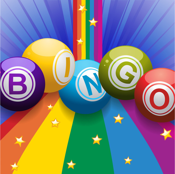 Bingo ballen op regenboog op blauwe achtergrond - Vector, afbeelding
