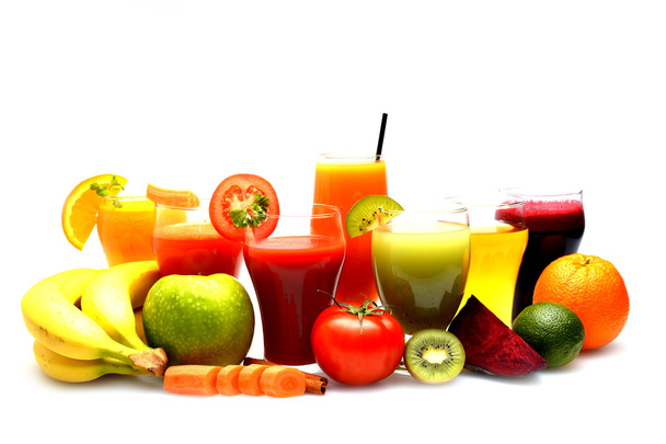 Свіжі фруктові та овочеві соки на білому тлі
 - Фото, зображення