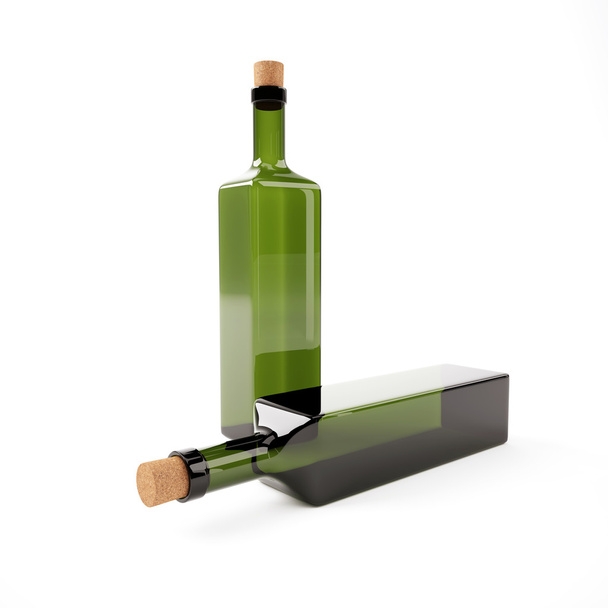 Two empty green glass wine bottles isolated on whit - Foto, Bild