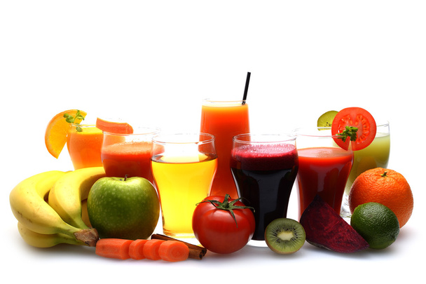 Jugos de frutas y verduras frescas sobre fondo blanco
 - Foto, Imagen