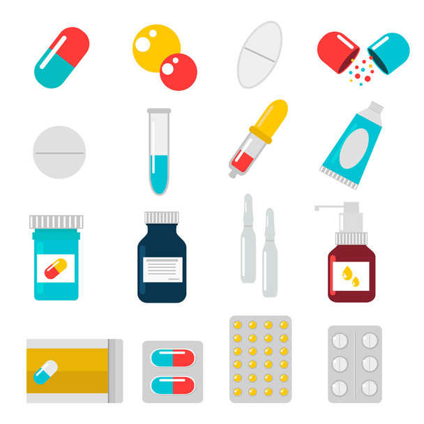 Tabletták kapszula ikonok vektoros lapos készlet. Orvosi vitamin gyógyszerészeti szemléltetés - Vektor, kép