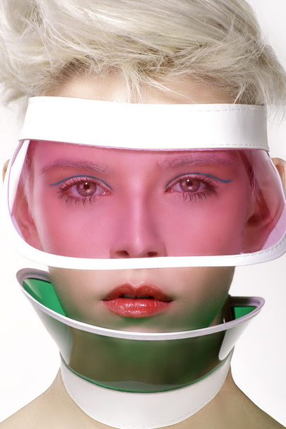 beauty shot blond perfect young model wear pink visor - Photo, image