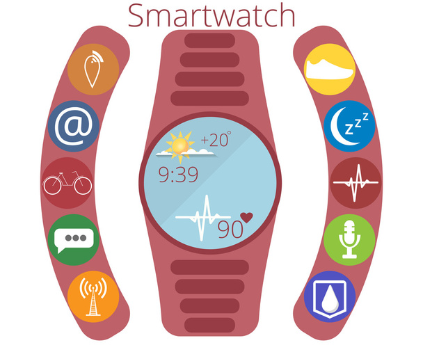Smart watch. Application icons and function of smart hours. Fitness Tracker. Infographics. Vector illustration in a flat style. - Vector, afbeelding