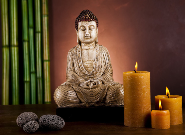 Buda heykeli ve bambu ile natürmort - Fotoğraf, Görsel
