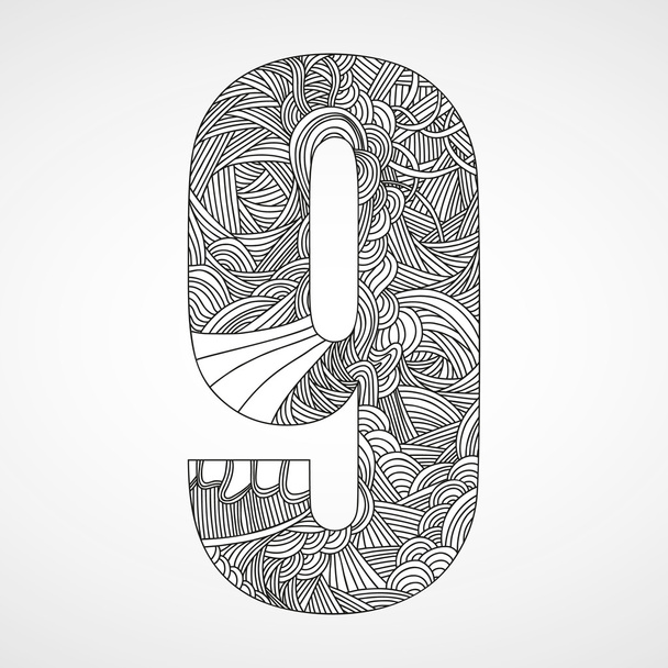 Number "9" with hand drawn abstract doodle pattern. - Vector, Image