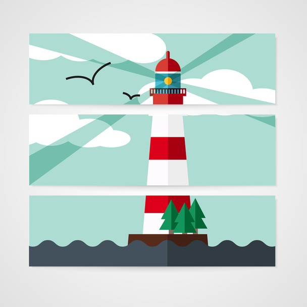 Cards with red beacon on island. - Vector, Image