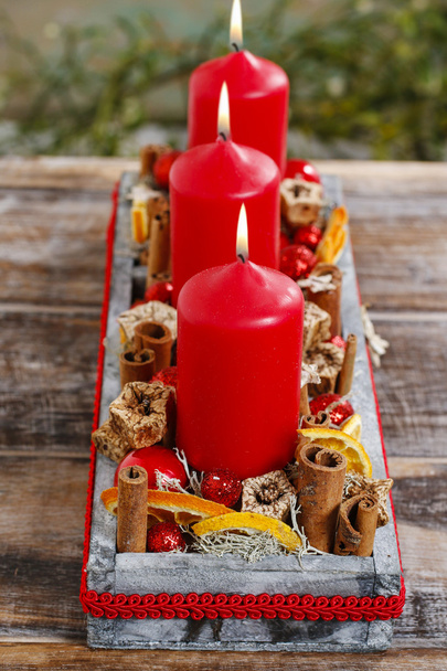 Christmas decoration with red candles - Fotoğraf, Görsel