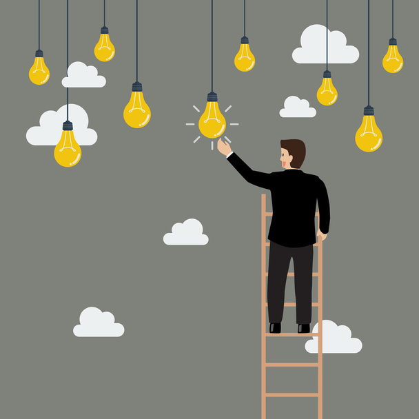 Businessman on the ladder catching a light bulb idea - Vector, imagen