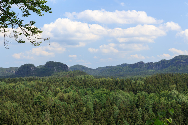 Panorama met rotsen, bergen en bos gezien vanaf de Kuhstall in Saksisch Zwitserland - Foto, afbeelding
