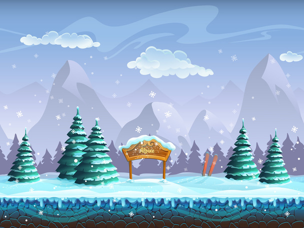 Kreskówka bezszwowe tło z zimowy krajobraz znak i jazda na nartach - Wektor, obraz