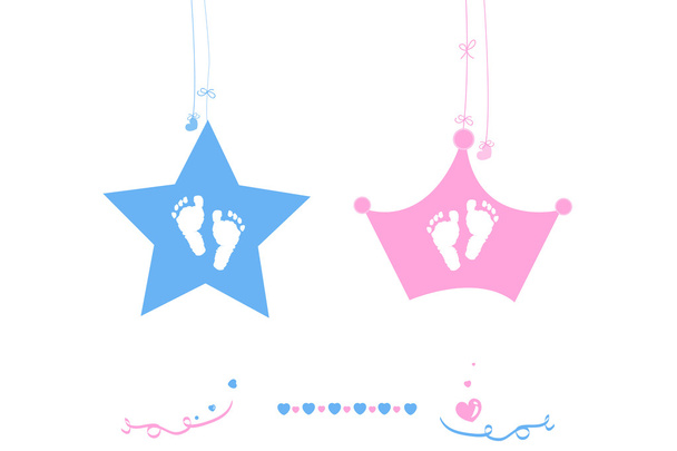 Twin babyjongen en meisje sterren met kroon baby voet afdrukken vector - Vector, afbeelding
