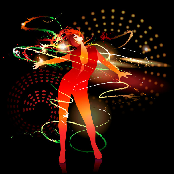 Dancing girl with shining splashes on a dark background. Vector - Vector, Image