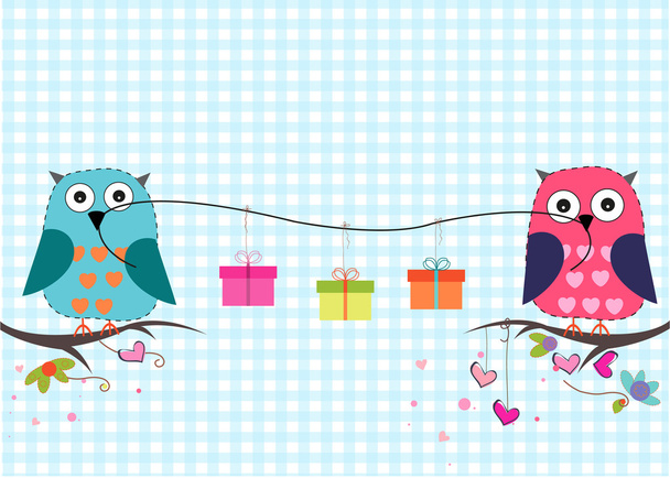 Cute owls holding gift box vector background - Vector, Imagen