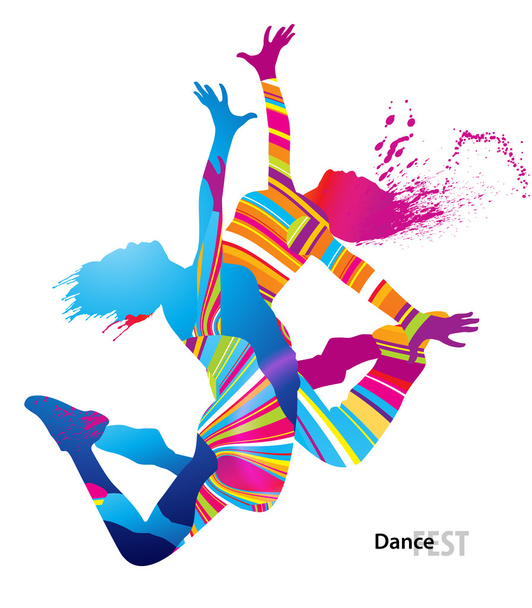 Dos chicas bailando con manchas de colores y salpicaduras en la espalda blanca
 - Vector, Imagen